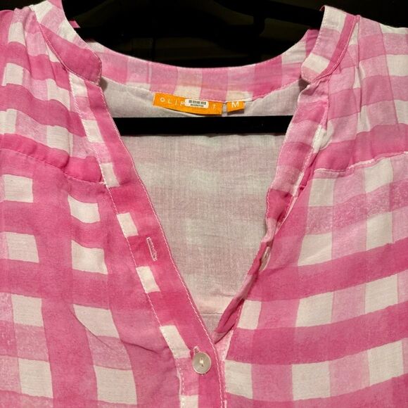 Oliphant Pink and White Gingham Yoke Tiered Button Neck Dress Size Medium - Picture 6 of 9